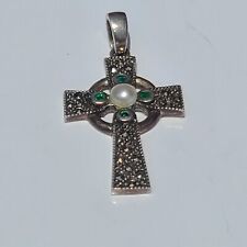 SOLVAR Sterling Silver Marcasite Pearl Emerald Celtic Irish Cross Pendant 7-2198 for sale  Palatine