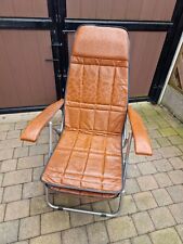 Vintage 70s Faux Brown Leather Reclining Leopard Deck Chair Foldable Maule Marga, used for sale  Shipping to South Africa