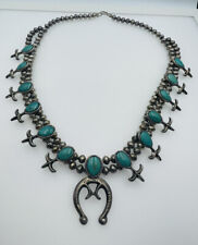 Antique Old Pawn Navajo Sterling Silver Turquoise Squash Blossom Necklace for sale  Shipping to Canada