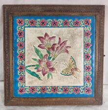 Ancien DESSOUS de PLAT MUSICAL Bois Ceramique Emaux LONGWY Fleurs Papillon art W d'occasion  Yffiniac