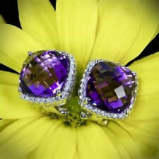 4Ct Cushion Cut Amethyst Diamond Omega Back Stud Earrings 14K White Gold Finish, used for sale  Shipping to South Africa