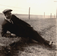 Man Posing Reclining Prairie Suit Tie Hat Barbed Wire RPPC Postcard Real Photo for sale  Shipping to South Africa