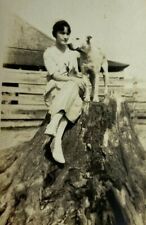 Woman Short Hair Sitting On Tree Stump With Dog B&W Photograph 2.75 x 4.5 for sale  Shipping to South Africa