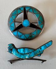2 INTERESTING VINTAGE ZUNI TURQUOISE INLAY STERLING SILVER BROOCH PIN ROADRUNNER for sale  Shipping to South Africa