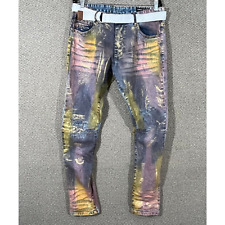 Smoke Rise Jeans Men 36X34 Blue Denim Spray Paint Straight Leg Belted Distressed for sale  Shipping to South Africa