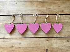 5 CHUNKY PINK GLITTER WOODEN HEARTS with Hangers Craft Supply Wood Hanging Lot for sale  Shipping to South Africa