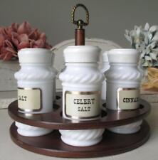 ~ Vintage Spice Holder  Milk Glass Jars  ~ Wooden Rack for sale  Shipping to South Africa