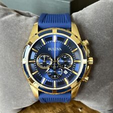 Relógio masculino BULOVA tom dourado cronógrafo pulseira de silicone azul - 97B193 MSRP: US$ 375 comprar usado  Enviando para Brazil