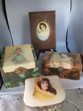 4 Antique VICTORIAN - CELLULOID Covered - DRESSER BOXES w/ WOMEN - All Excellent for sale  Georgetown