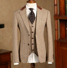 Brown Classic Plaid Tweed Suit for Men Slim fit Groom Wedding Formal 3 Piece for sale  Shipping to South Africa