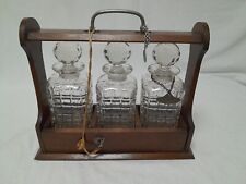 Used, Antique oak 3 Decanter Tantulus with key & 2 silver Sherry & Whisky labels for sale  Shipping to South Africa