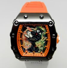 Reloj grande para hombre Tigre dragón asiático naranja negro cuarzo barril correa de silicona segunda mano  Embacar hacia Argentina