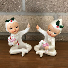 2 VINTAGE Lefton? Pixie Elf Candy Cane Ceramic Candle Holder Huggers Iridescent for sale  Glen Ellyn