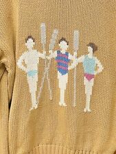 Merona Sport Vintage Men’s M Tan Knit Sweater Rowers Oars Swimmers Print, used for sale  Shipping to South Africa