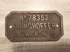 Vintage Iron Cast Railroad Shield Metal Sign Ringhoffer Smichov 1910, used for sale  Shipping to Canada