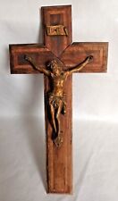Antique Large Wooden Crucifix Brass Figure  usato  Spedire a Italy