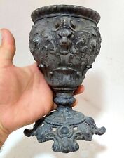 Antique Vase Heavy Pewter Carved with Two Lions Heads Bowl Hand-made Old 8" for sale  Shipping to South Africa