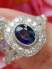  Certified Vintage Style Blue Sapphire Diamond PLATINUM Halo ENGAGEMENT RING  for sale  TEWKESBURY