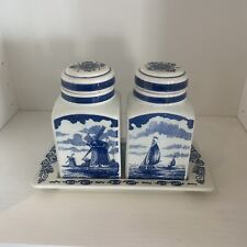 Vintage Holland DELFT BLAUW Blue And White Tea Caddy Set With Tray Hand Painted for sale  Shipping to South Africa