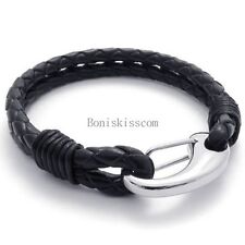 Pulseira masculina de couro preto trançado com fecho de aço inoxidável prata, usado comprar usado  Enviando para Brazil