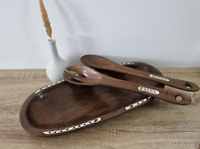 Vintage Solid Wood Salad Bowl Server Set Mother of Pearl Inlay MCM Tribal Ethnic, used for sale  Shipping to South Africa