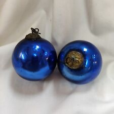 Pair of Antique Blue Glass Kugel Christmas Ornament Germany Abt 2" Brass Tops, used for sale  Shipping to South Africa