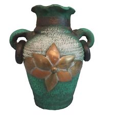 Vaso de cerâmica mexicana vintage duas alças com anéis cobre bronze flor comprar usado  Enviando para Brazil