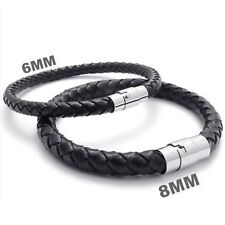  Mens real Leather Braided Wristband Bracelet Stainless Steel Clasp 6mm for sale  Shipping to South Africa