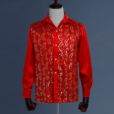 Red  Satin Men Shirt Sequin Wedding Party Men Dress Shirt Stage Dancer Shirt for sale  Shipping to South Africa