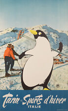 Póster original de esquí, Campagnoli, Turín, deportes de invierno, pingüino, montaña, 1955 segunda mano  Embacar hacia Argentina