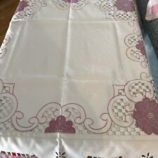 White Embroidered Floral  Cutwork 33" Square Tablecloth pink and white Scalloped for sale  Shipping to South Africa