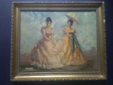 Vintage Oil Painting, Spanish Ladies, Traditional Ball Gowns, Parasols, Canvas for sale  Shipping to South Africa