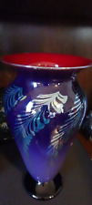 Signed Rick Strini Studio Art Glass Red Purple & Metallic Feather Vase 11" Tall, used for sale  Shipping to South Africa