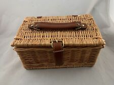 Vtg Wicker Rattan Basket Trinket Box With Lid  Leather Hinges, Clasp, Handle for sale  Shipping to South Africa