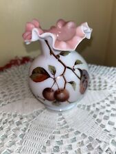 Antique Hand Blown Painted Ruffled Crimp Glass Vase leaves cherries Pink Lining, used for sale  Shipping to South Africa