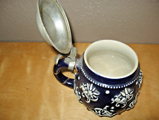 Vintage german beer stein mug with pewter lid cobalt blue and white flowers for sale  Shipping to South Africa
