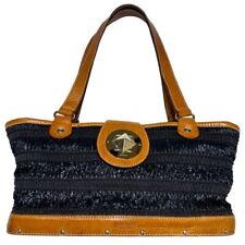 Used, Vintage Kate Spade Black Wood Bottom Leather Trim Satchel Purse Raffia Tote Bag for sale  Shipping to South Africa