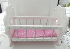 LITTLE TOWN WHITE & PINK WOOD DOLL COT & REVERSIBLE  BEDDING   17.5" LONG for sale  Shipping to South Africa