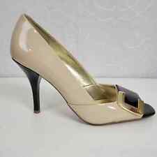 Unisa Womens Shoes Size 7.5 Tan Black Patent Leather Peep Toe Slip On Heels  for sale  Shipping to South Africa