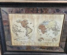 DOUBLE WORLD MAP Hemispheres Wood FRAMED PRINT ART Globe Geography  for sale  Shipping to South Africa