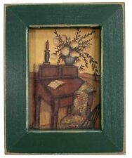 Mini Art Print Solid Wood Frame Still Life Desk Chair Quilt  Primitive Rustic, used for sale  Shipping to South Africa