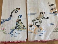 Juego de toallas de cocina de lino vintage bordadas a mano ranas saltando/2 segunda mano  Embacar hacia Argentina