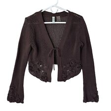 Sahalie Womens Crochet 3D Knit Flowers Shrug Cropped Sweater Size L Brown Cotton for sale  Shipping to South Africa