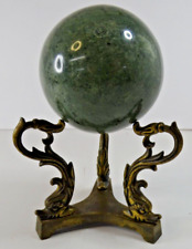 Vintage Polished Green Granite Marble Sphere Ball 3" on Brass Three Leg Stand, used for sale  Shipping to South Africa