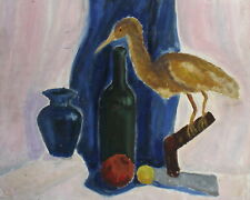 Usado, Pintura a óleo vintage natureza morta com garrafa, vaso, frutas e estatueta de pássaro comprar usado  Enviando para Brazil