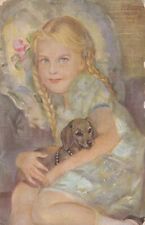 Blonde Girl w Hair Braids holding a Dachshund Dog Puppy Old Postcard, used for sale  Shipping to South Africa
