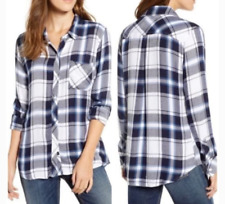 Camisa feminina Rail manga longa com botões pequena xadrez caçador branco e azul marinho safira comprar usado  Enviando para Brazil