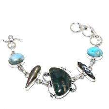 Bloodstone,Mop & Larimar Gemstone 925 Sterling Silver Jewelry Bracelet Sz 7-8", used for sale  Shipping to South Africa