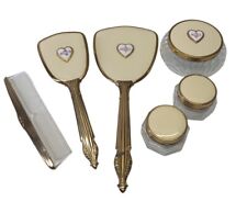 VTG. 6 Piece Dressing Table Set  Brush Comb & Mirror  Jars Hearts With Roses USA for sale  Shipping to South Africa