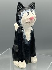 Estatuilla de gato blanco y negro arte popular de madera tallada a mano escultura cola larga pintada segunda mano  Embacar hacia Mexico